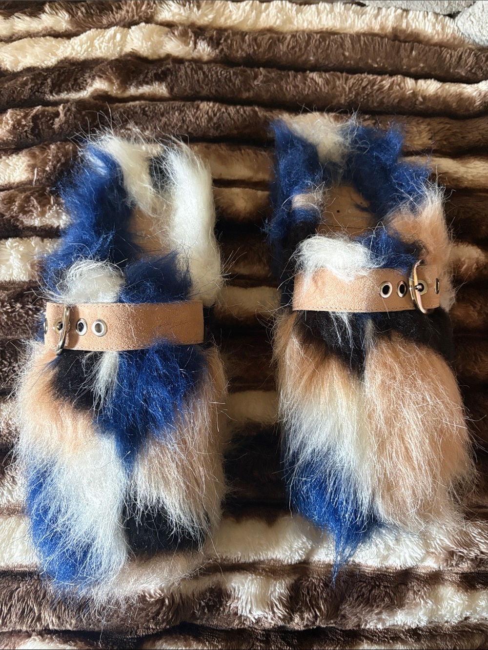 Jeffrey Campbell Multicolor Faux Fur Slide Sandals in Blue, Tan, Black, White